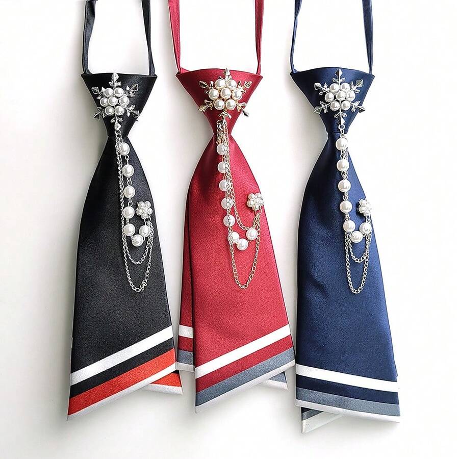 Korean Style Tassel Rhinestone Tie For Women, Y2K College Style Korean Version Tassel Rhinestone Short Tie, Fashionable Versatile JK Shirt DK Tie With Rhinestones, Lazy Tie For Men And Women, Couple Style, Suitable For All Seasons - A-酒紅 - 查看 1