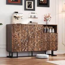 Beistellschrank 120 * 40 * 78.5 cm – "Blattpoesie" Serie– Dunkle Walnussmaserung mit Blattrelief – Metallbeine, 2 Türen und 2 Schubladen – geeignet für Esszimmer, Wohnzimmer oder Flur - Tabac - Voir 2