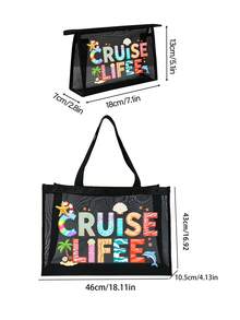 两件套大容量网眼沙滩包 - 可折叠防水防沙网眼手提袋，印有邮轮生活图案 + 配套网眼化妆包，透气可重复使用，适合游泳和泳池，字母装饰，多口袋设计，可装毛巾、防晒霜、泳衣、零食和化妆品，是旅行/度假/海滩的完美之选，夏季必备，也是送给她的绝佳礼物 - 彩色 - 查看 9