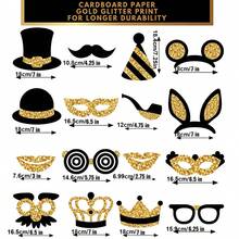 16/40 Pcs Fun Photo Booth Props Set Black & Golden Photo Booth Props Kit Hats Tie Crowns Mustache Paper Photo Props For Birthday Wedding Graduation Prom New Year Selfie Accessories - Black Gold - View 3