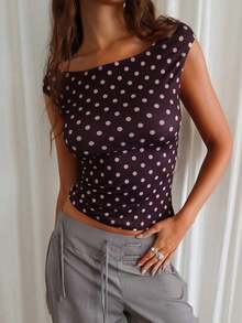 Women Y2k Polka Dot T Shirts Tops Short Sleeve Boat Neck Slim Fit Crop Top Summer Casual Tee Shirt Going Out Tops Blouse Party Club Daily Streetwear - màu nâu - Xem 1