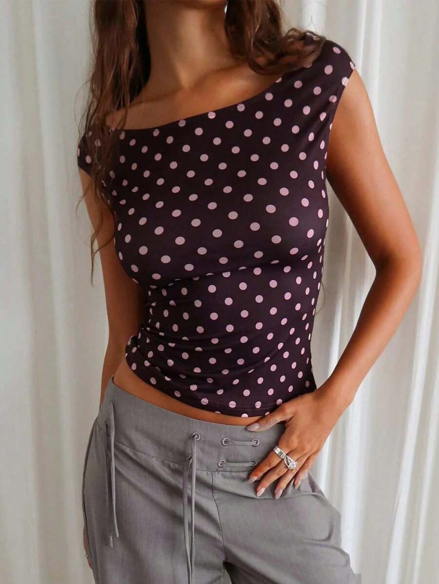 Women Y2k Polka Dot T Shirts Tops Short Sleeve Boat Neck Slim Fit Crop Top Summer Casual Tee Shirt Going Out Tops Blouse Party Club Daily Streetwear - màu nâu - Xem 1