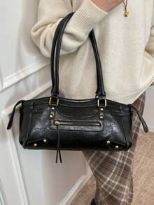 Dedoo Retro-Style Women's Handbag, Underarm Bowling Bag, Large Capacity Commuter Bag, Shoulder Baguette Style, 2025 New Model, Retro-Style Women's Bag With Rivet Design, Zipper And Tassel Charm, Motorcycle Style. - Black - View 4