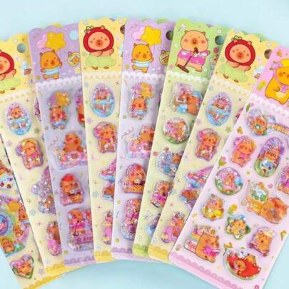 3D闪亮水豚贴纸，梦幻3D海景水豚亮片贴纸，可爱日式透明浮雕创意贴纸，钻石水晶贴纸，儿童手工装饰，圣诞节/感恩节儿童生日礼物