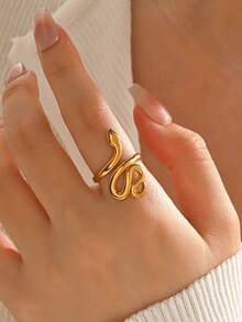 1pc Stainless Steel Vintage 18K Gold Plated Snake Ring, Suitable For Women Everyday Wear - Multicolor - View 2