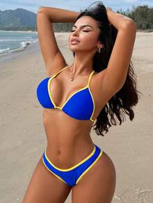 女士优雅夏季沙滩黄色滚边挂脖蓝色系带比基尼两件套泳衣，春季沙滩比基尼 - 藍色 - 查看 1