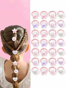 30pcs Cute Faux Pearl Hair Scrunchies, Heart & Star Shaped Hair Ties, Fashionable & Adorable Children Hair Accessories - Multicolor - View 1