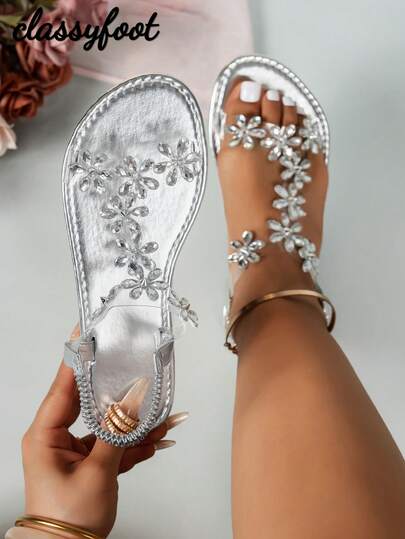 Wide Fit Women's 2024 New Casual Vacation Butterfly Decor Elastic Ankle Strap Fashionable Versatile Sexy Comfortable Lightweight Non-Slip Classic White Flat Sandals