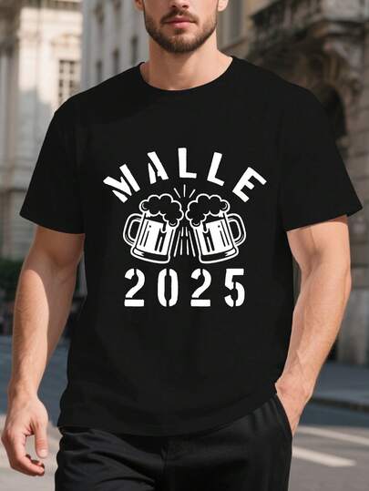 Camiseta gráfica divertida MALLE 2025 para hombres - Camiseta negra de cuello redondo con texto MALLE - Oktoberfest, atuendo de fiesta de cerveza - Camiseta casual para adultos - Ajuste cómodo para todas las estaciones, accesorios de cerveza, ropa de festival, diseño de estilo de caricatura, ajuste cómodo, tela transpirable, para hombres adultos