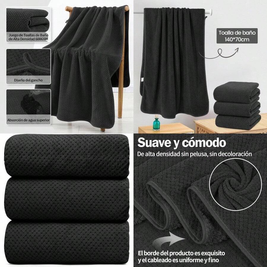 HLJ 3 Piezas Juego de Toallas de baño Súper Absorbente y Secado rápido Baño Toallas de Coral para Baño Hotel SPA Piscina Deportes Negro-1117 - Negro1 - Ver 1