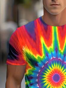 Men'S 3D Rainbow Mandala Tie-Dye T-Shirt - Vibrant Multicolor  Print With 60s/70s Retro Style, Soft Fabric, Regular Fit Round Neck For Casual, Festival & Casual Attire - All-Season & Easy Care (Machine Washable) - Statement Tee For Men - - 混合色 - 查看 5