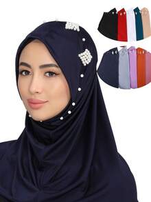 1pc Women's Convenient Full Coverage Hijab With Rhinestone Pearls, Luxury For Holiday Celebration - Multicolor - View 9