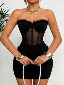 1件蕾丝胸衣露脐上衣，性感无肩带Y2K系带钢圈网纱胸衣上衣（女款） - 黑色 - 查看 3