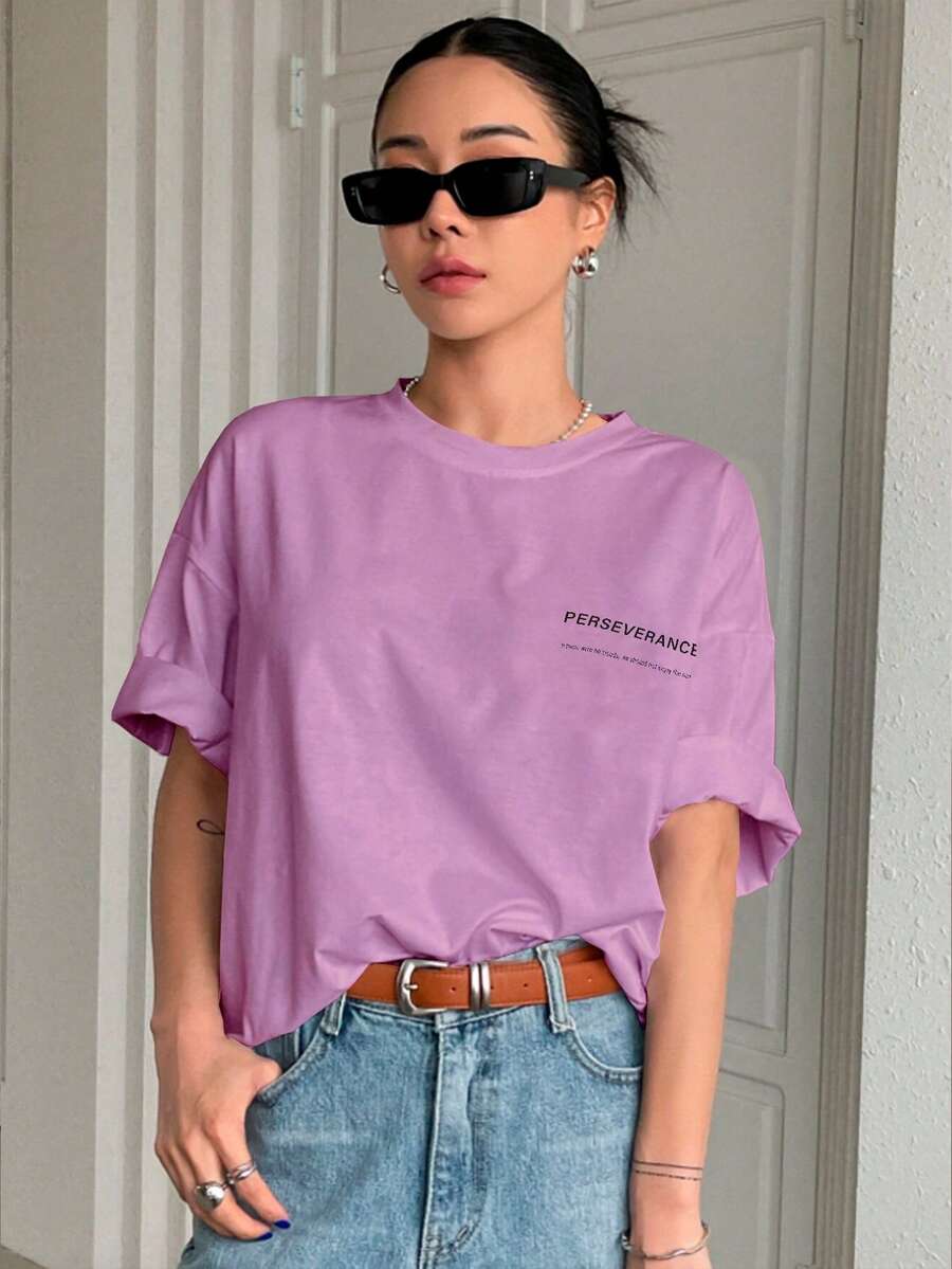 T-Shirt With "Perseverance" Print Lettering. Minimalist, Casual, Modern, Sophisticated, Simple, Basic, Summer, Oversized. - Baby Pink - View 1