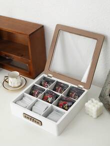 1pc White Minimalist Wooden Tea Box With 4/6/9 Compartments Glass Window, Tea Bag & Coffee Pouch Storage Box, Tea Room Organizer - Multicolor - View 10