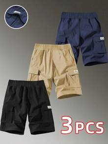 3条装青少年/男童户外休闲运动宽松工装短裤，多口袋印花设计，春夏秋季款 - 彩色 - 查看 6