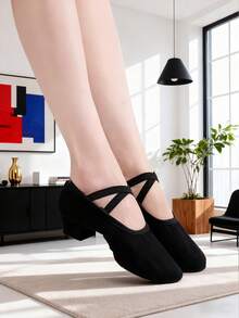 Modne buty do tańca na niskim obcasie 3 cm, z miękką podeszwą, dla kobiet, kolor czarny, elastyczny pasek na krzyż, wsuwane buty do uprawiania sportów halowych, do jogi, baletu, tańca latynoamerykańskiego i tańca współczesnego, wygodne, trwałe, lekkie, oddychające - Czarne - Zobacz 3