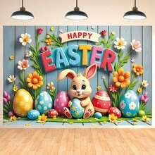1pc Frohe Ostern Decorative Banner, Wooden Rabbit And Easter Egg Backdrop, Party Photography Banner Sign, Holiday Supplies, Party Wall Decoration, Home Indoor And Outdoor Decoration, Garden And Patio Banner - Multicolor - View 15