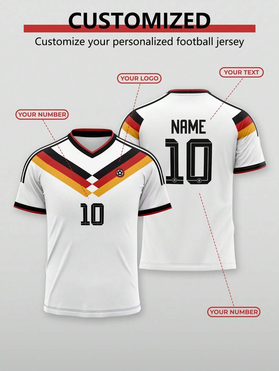 A German Football Team-Style Sports Shirt Specially Designed For The National Teams Of The World Cup, Featuring The National Flag Color Stripes, Is A Sports T-Shirt. It Is Prepared For The 2026 World Cup And Comes With Customized Letters And Names. It Can Be Used As A Gift, A Father's Day Gift, Or A T-Shirt For Celebration. - White - View 1