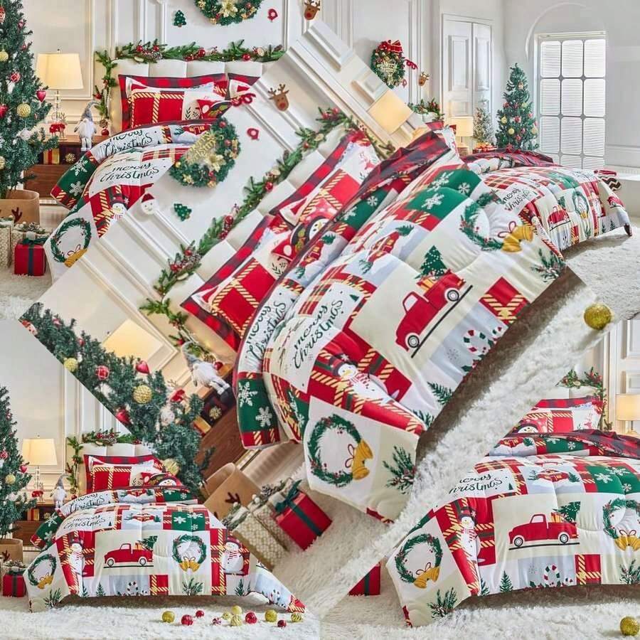 Juego de edredón de Navidad, diseño reversible con muñeco de nieve, copo de nieve, ciervo y cuadros, de microfibra suave y ligera para todas las ocasiones - Patchwork Plaid - Ver 1
