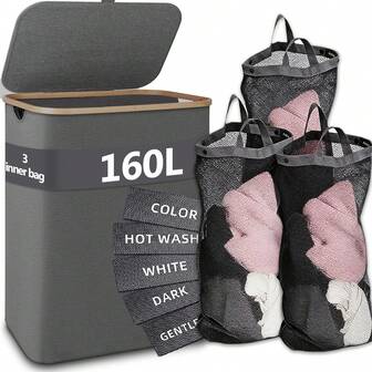 Laundry Hamper With Lid, 160L Extra Large 3-Section Clothes Divided Organizer For Bedroom, Laundry Room, Dirty Clothes Hamper, Comes With Labeled Tags, Grey