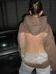 Women's Backless Hollow Mesh Hoodie Y2K Sequin Top Spring And Autumn Streetwear - 巧克力棕 - 查看 2