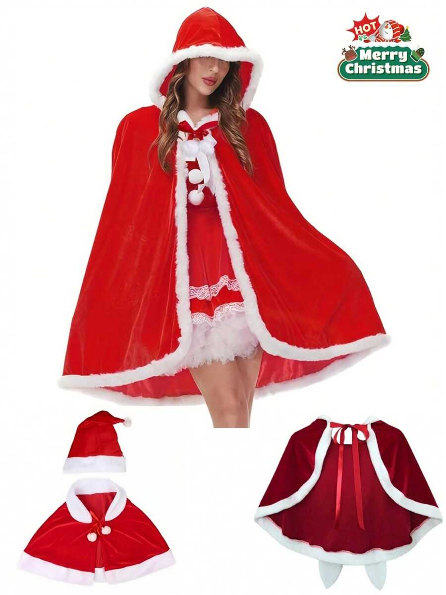 Christmas Red Cape, Santa Claus Cape, Christmas Long Or Short Hooded Cape, Christmas Cloak, Women's Christmas Velvet Costume, Little Red Riding Hood Cloak, Hooded Cape For Halloween Anime Cosplay Party - Multicolor - View 1