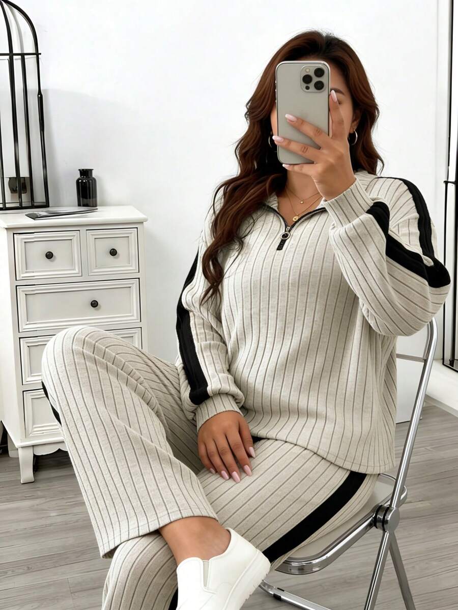 大码女式罗纹睡衣套装，长袖上衣和裤子，家居服