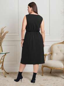 Plus Size Elegant Minimalist Romantic Pleated & Twist Detail Black Modest Dresses,Suitable For Commute, Vacation, Afternoon Tea, Party - Black - View 2