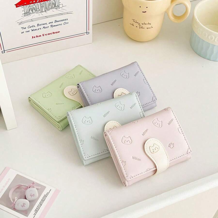 1pc Cute Women's Card Holder Fashion Buckle PU Trifold Coin Purse Wallet - Minimalist Short Women's Wallet Trifold Student In Stock Japanese Style Purse For Women Money Wallet Small Wallet Cute Wallet - Multicolor - View 1