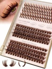 Rikuaild 3 IN 1 Brown Lash Clusters 228PCS 100D Fluffy Wet Long 10-20mm Brown Fairy Eyelash Volume Individual Lashes 60D/80D/120D DIY Spiky Lash Extension Manga Faux Mink Strip Lashes 196/220/244/260Pcs Thick Lash Clusters,Lashes, Fake Lashes,Christmas Gifts - 棕色 - 查看 1