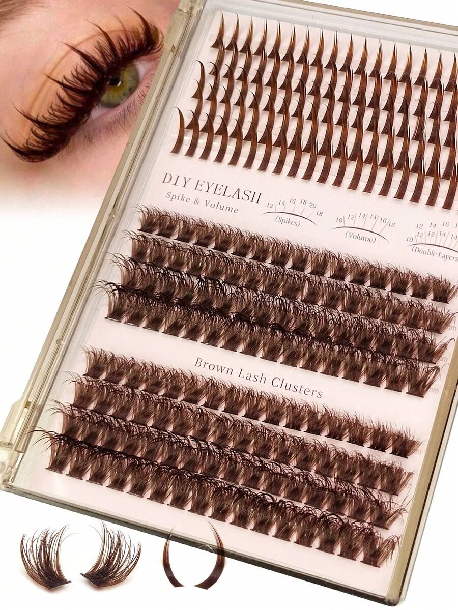 Rikuaild 3 IN 1 Brown Lash Clusters 228PCS 100D Fluffy Wet Long 10-20mm Brown Fairy Eyelash Volume Individual Lashes 60D/80D/120D DIY Spiky Lash Extension Manga Faux Mink Strip Lashes 196/220/244/260Pcs Thick Lash Clusters,Lashes, Fake Lashes,Christmas Gifts - 棕色 - 查看 1