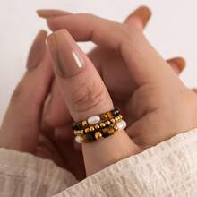 3pcs Bohemian Style Natural Stone & Cultured Pearl Beaded Ring Set, Stainless Steel Beads, Elastic Adjustable, High-End Jewelry Gift Suitable For Daily Wear, Festivals, Weddings, Parties - Natural Stone Freshwater Pearl Ring Set - View 1