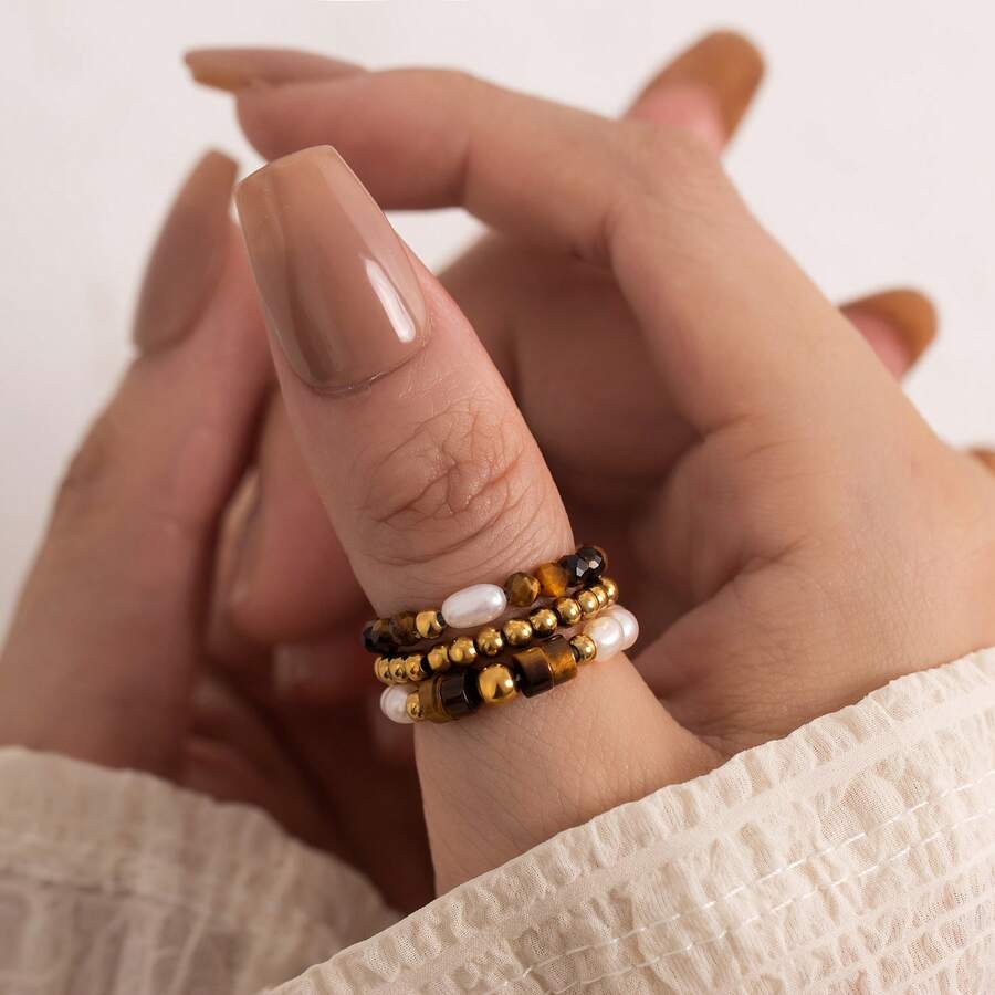 3pcs Bohemian Style Natural Stone & Cultured Pearl Beaded Ring Set, Stainless Steel Beads, Elastic Adjustable, High-End Jewelry Gift Suitable For Daily Wear, Festivals, Weddings, Parties - Natural Stone Freshwater Pearl Ring Set - View 1