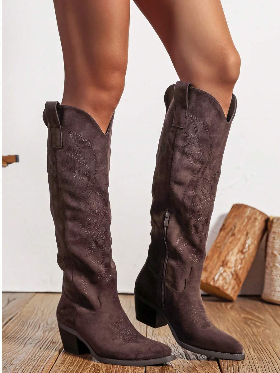 Women's Pointed Toe Side Zipper Fashion Versatile Western Boots - Brown 2 - View 1