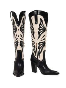 Cowgirl Boots For Women Embroidery Butterfly Knee High Western Boots Pointed Toe Block Heel Cowboy Boots Pull On Side Zipper Outdoor Indoor Party Dressy Shoes - Black and White - View 2