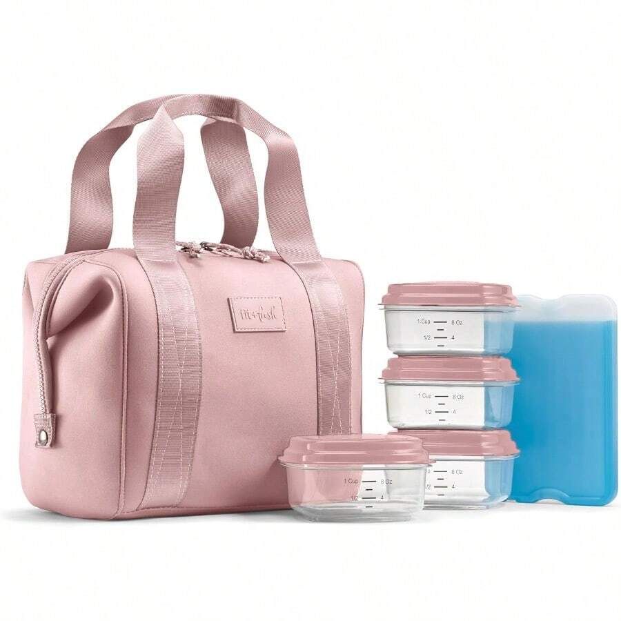 YQQ Fit and Fresh Remi - Bolsa de almuerzo de neopreno para mujer kit de preparación de comidas con contenedores y paquete de hielo XL material autoaislante tipo neopreno bolsa de almuerzo lavable a2179 - Color de malva - Ver 1