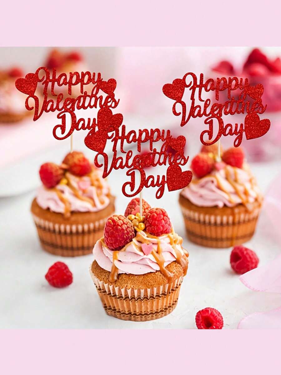 12/24pcs Valentine's Day Cupcake Toppers, Red Glitter Happy Valentine's Day Cupcake Decorative Picks, Suitable For Wedding, Engagement And Party Decoration, As Well As Valentine's Day Party Decor - Multicolor - View 1