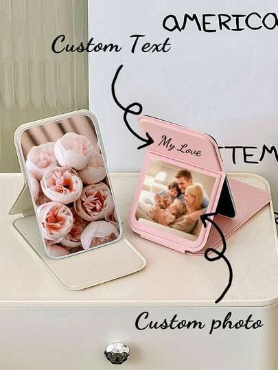 1pc Customizable Folding PU Desktop Mirror, Can Customize Photos And Text, Rectangular Personalized Portable Desktop Mirror, Travel Mirror, Beauty Product, Desktop Makeup Mirror, Fashion, Minimalist, Cute, Unisex, Personalized Mirror, Home & Travel Accessories, Gift For Parents, Best Friends, Couples, Grandparents, Family, Graduation, Wedding, Birthday, Anniversary