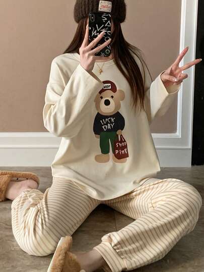 2pcs/Set Striped Women Casual Round Neck Pajama Set, Korean Style Bear Print Long Sleeve Top And Pants, Suitable For Spring And Autumn