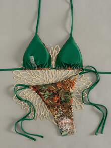 Women's Floral & Leopard Print Backless Tie-Front Bohemian Beach Bikini Set - Multicolor - View 2