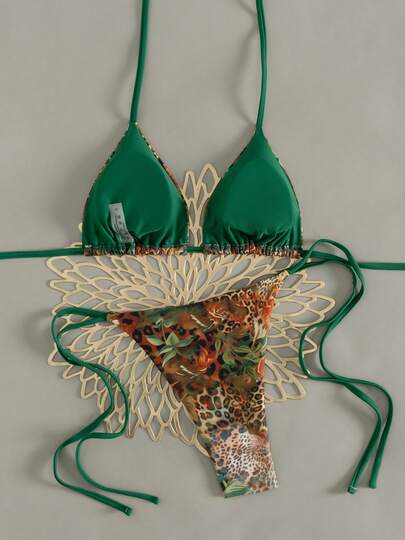 Blommigt och leopardmönster, rygglöst, bohemiskt strandbikiniset med knytband framtill för kvinnor
