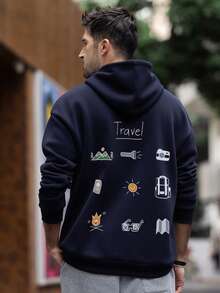 Men's Outdoor Adventure Element Print Drawstring Hoodie Sweatshirt, Back To School, Autumn/Winter - Navy Blue - View 3