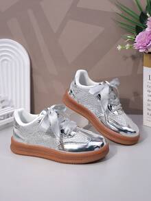 儿童运动鞋，婴儿运动鞋，新款春秋季幼儿/大童纯色魔术贴休闲运动鞋，厚底透气男女童跑步鞋，校园休闲学生皮鞋 - 銀色 - 查看 5