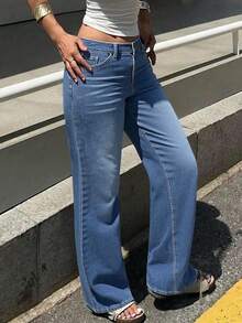 Women's Solid Color Denim Straight Pants With Invisible Zipper - Casual Slimming Body-Friendly - Dark Wash - View 3