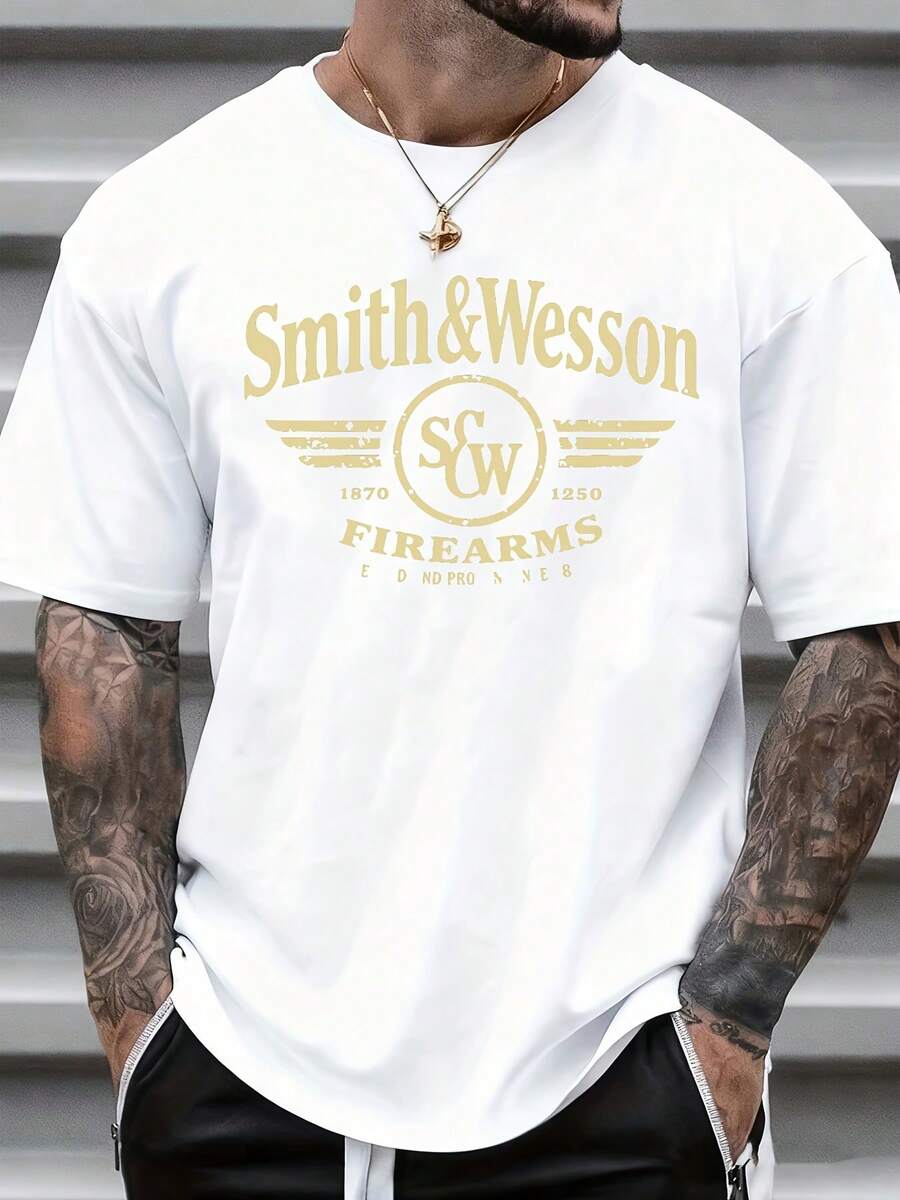 Smith And Wesson Firearms Logo T Shirt White Men's Casual Streetwear Graphic Tee With Gold Print Design For Everyday Wear And Gifting - trắng - Xem 1