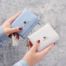 Cartera corta para mujeres estilo coreano y japonés con borla, cartera triple linda para estudiantes, tarjetero - rosa - Ver 4