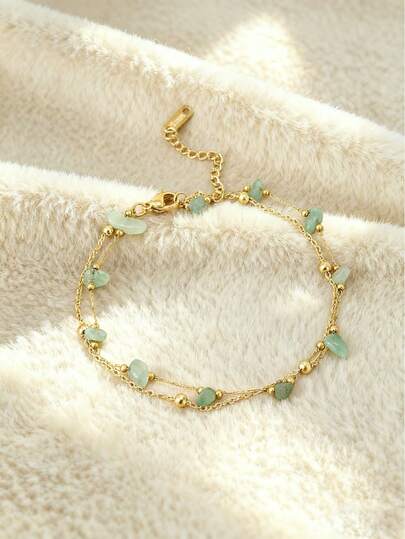 1pc Natural Stone Stainless Steel Anklet For Women, Beach Foot Jewelry (Note: Asymmetrical Stones, Varying Stone Size And Color, Handmade Chain Length And Bead Count May Differ)