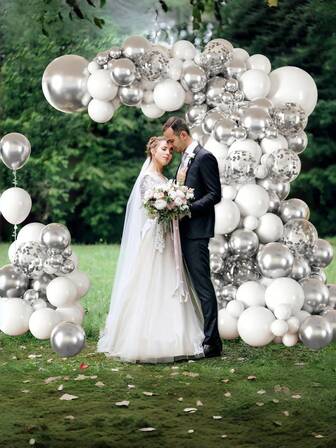 Wedding Season 71/135pcs White And Silver Latex Balloons, Suitable For Bridal Showers, Birthday Parties, Anniversaries, Graduations, Carnivals, Mother's Day Parties, Home Decor, Room Backdrops, And Party Decorations.