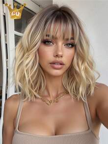 Blonde Wig Hair Natural Synthetic Heat Resistant Wigs 14 Inch Shory Curly Wig With Bangs For Women Daily Wedding Used - Blonde Highlight - View 2